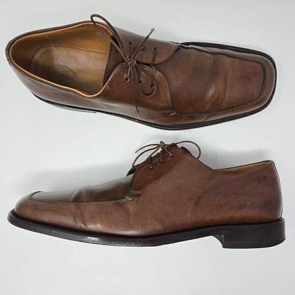 HUGO BOSS ITALY BROWN LEATHER SQUARE APRON TOE DERBY SHOES MENS SIZE 11 US - Picture 1 of 10
